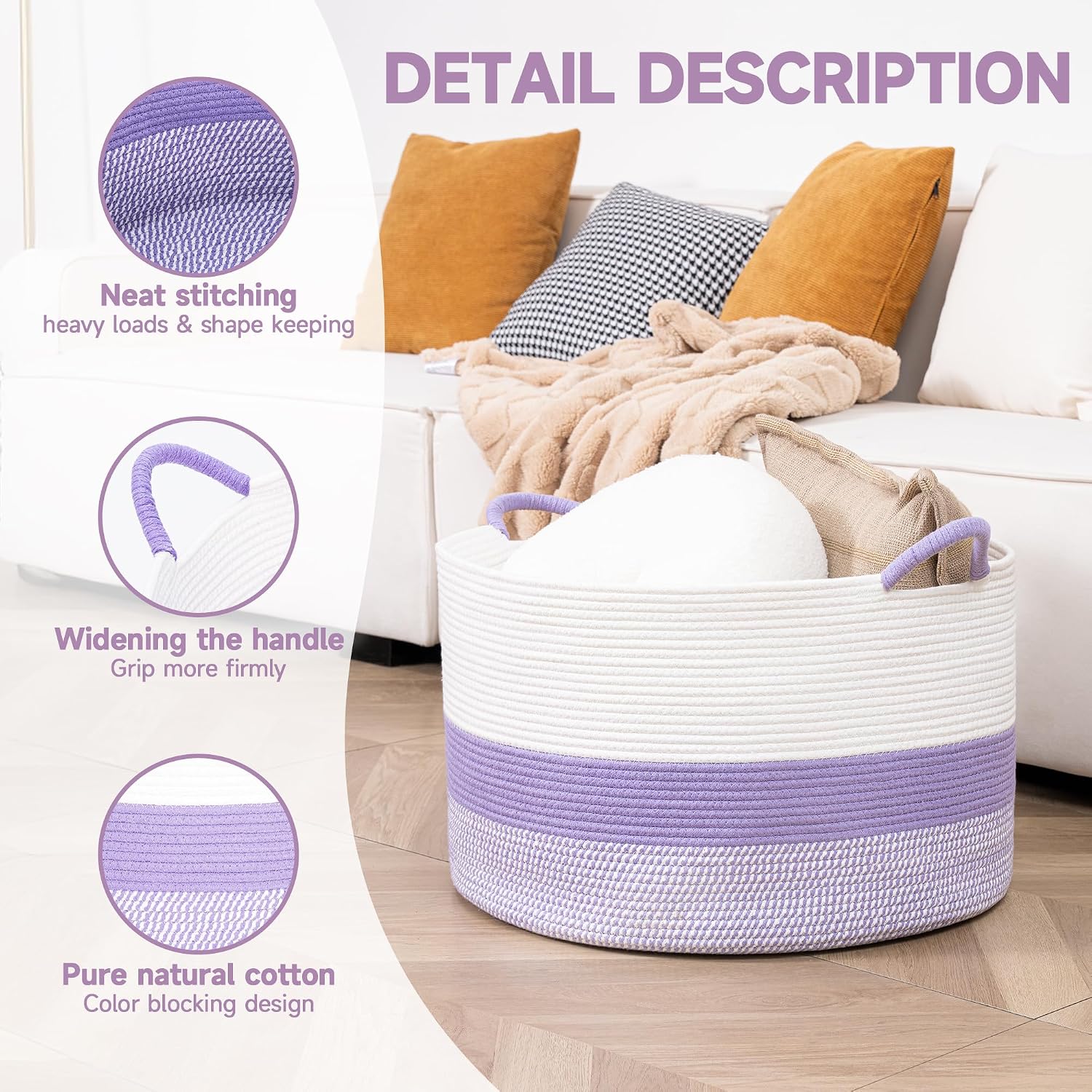 CLHMILY&Z Round Cotton Rope Storage Basket - 22x14.2 Inches - Cute Nursery Bin, Baby Toy Organizer, Lavender Organizer for Home Decor, Multi-Purpose Home Tidy Solution