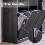 Modern Double Tilt-Out Laundry Hamper Cabinet, 20 Gallon Fluted Trash Can Cabinet w/2 Drawers, Wooden Hidden Garbage Can Cabinets w/Laundry Basket, Free Standing for Bathroom and Kitchen, Grey