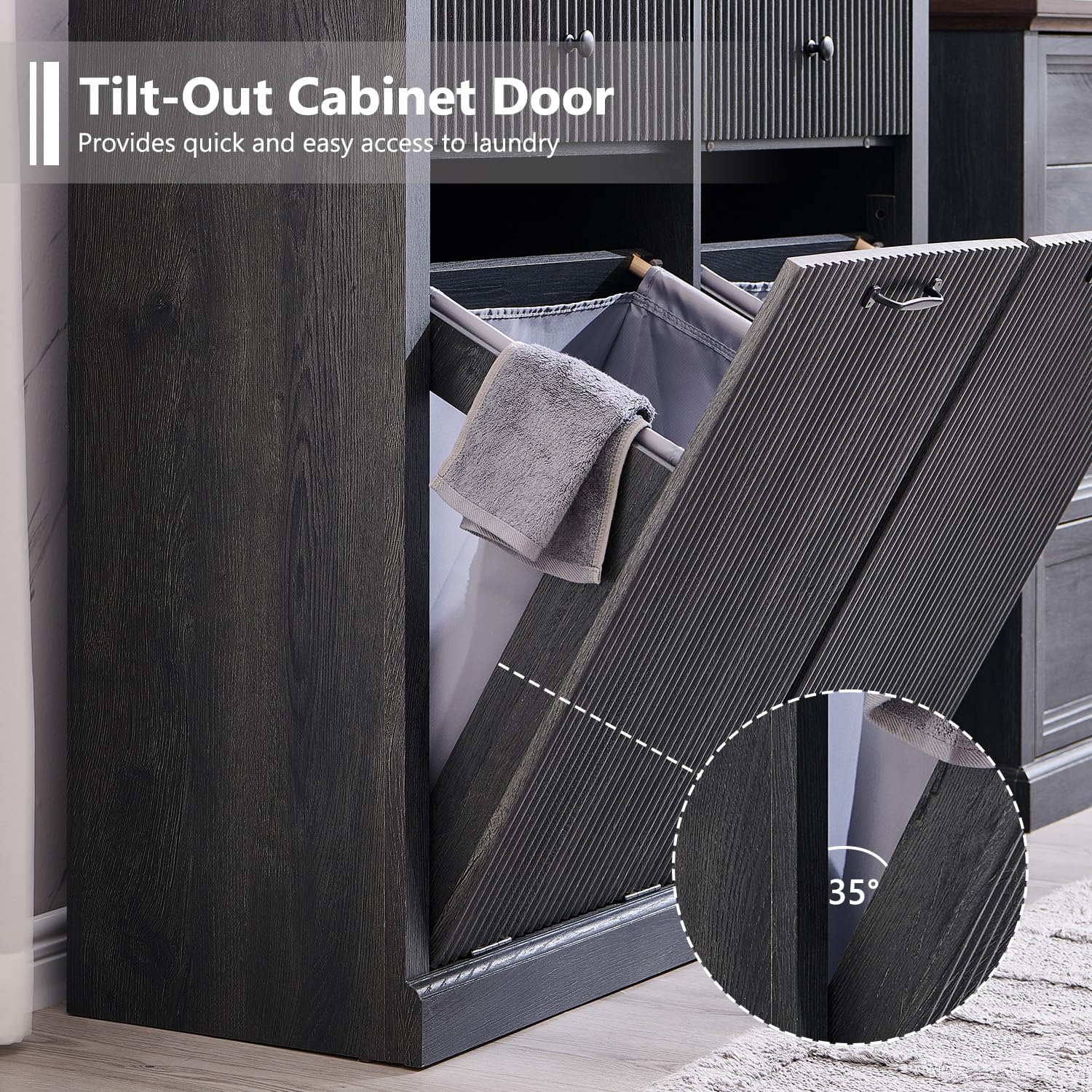 Modern Double Tilt-Out Laundry Hamper Cabinet, 20 Gallon Fluted Trash Can Cabinet w/2 Drawers, Wooden Hidden Garbage Can Cabinets w/Laundry Basket, Free Standing for Bathroom and Kitchen, Grey