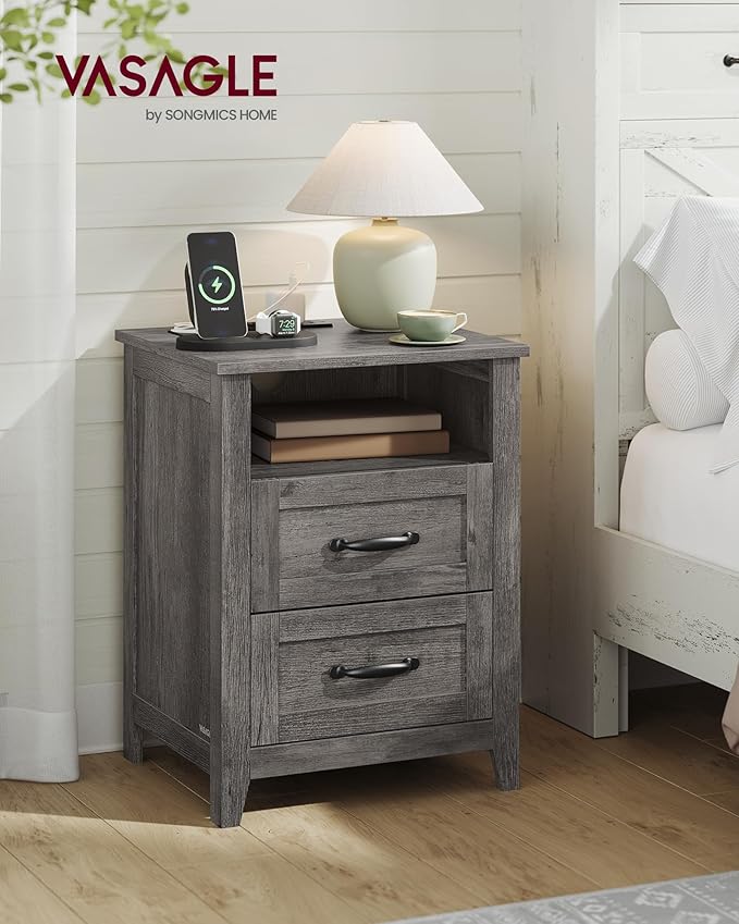 VASAGLE LIRY Collection - Farmhouse Nightstand with Charging Station, Bedside...