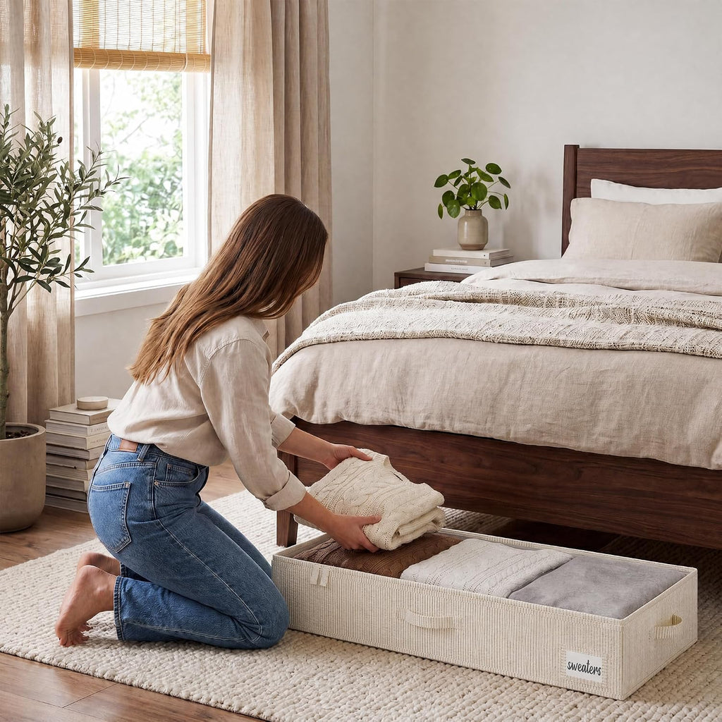 StorageWorks Large Under Bed Storage Containers with Handles and Label Holder, 2 Pack Ultra-thick Fabric Underbed Bins, Brown and White Stripes