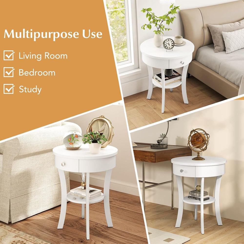 GOFLAME Round End Table with Drawer, 2-Tier Sofa Side Table with Solid Wood L...