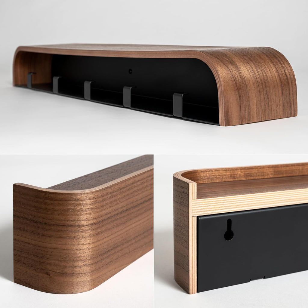 Kazai. Wall-Mounted Coat Rack 'Toke' - Modern Design Coat Rack with Hidden Wall Hooks - Solid Wood Veneer Panel Coat Hanger - Walnut