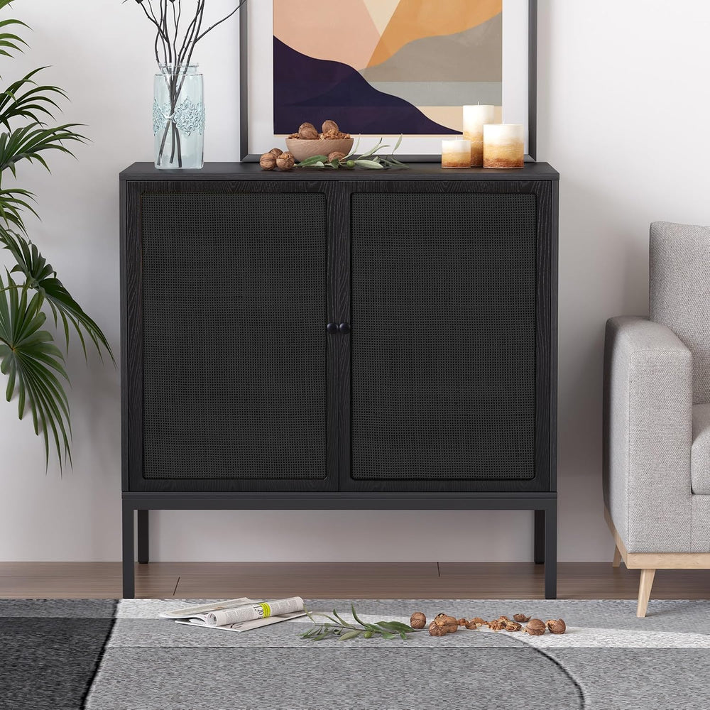 XIAO WEI Farmhouse Boho Sideboard Buffet Cabinet with Black Rattan Doors, 31....