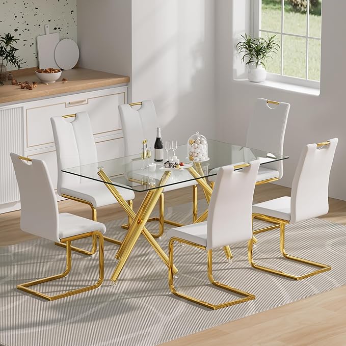 Goujxcy Dining Chairs Set of 6, Modern High Back Kitchen Chairs with Metal Legs and Faux Leather Padded Seat Upholstered Dining Chairs for Dining & Kitchen,Living Room (White&Gold, Set of 6)