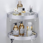 Adhesive Corner Shower Caddy with Hooks,Bathroom Shower Organizer, No Drilling Rust Proof Aluminum Shower Shelf for Inside Shower 2 Pack (Silver)