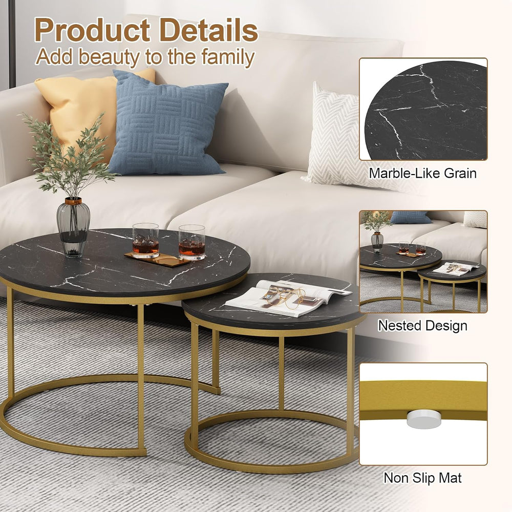Nesting Coffee Table Set of 2, Wooden Marble Top (Black+Gold) | Nesting Table...