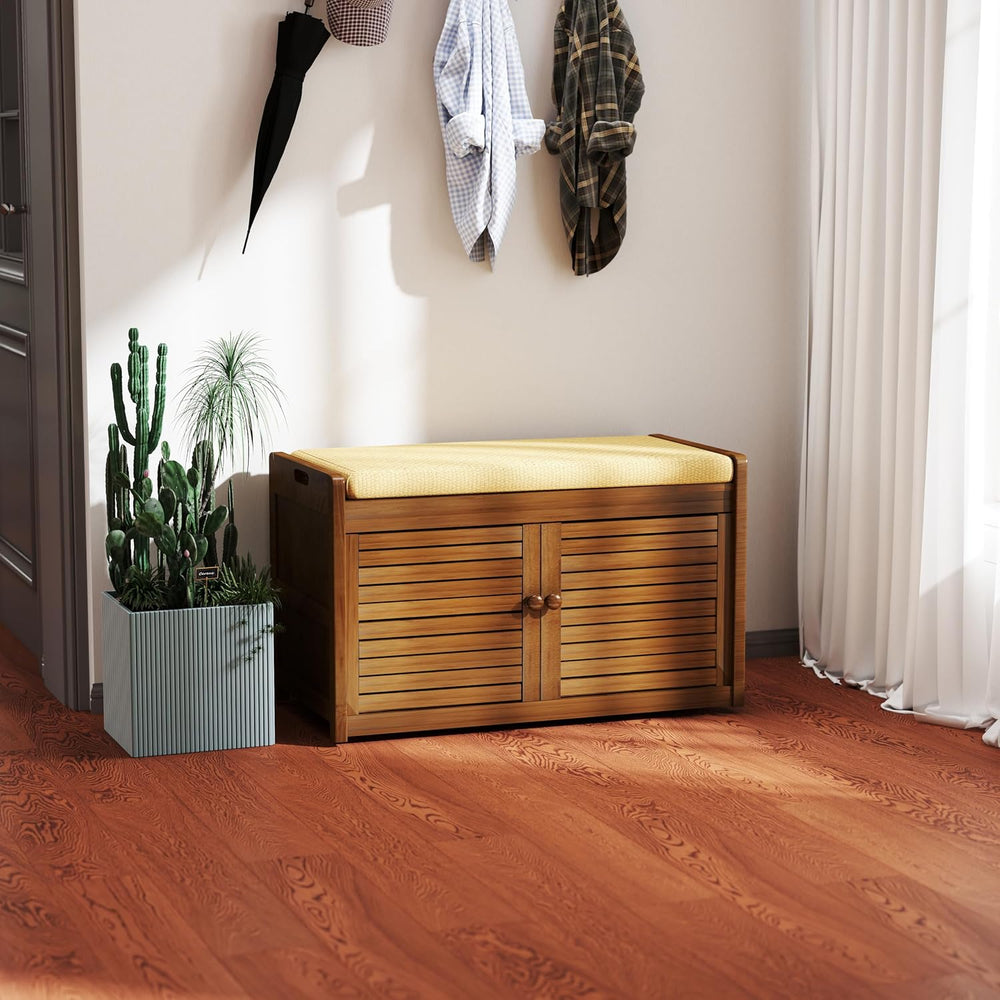 Wilk Shoe Storage Bench, 2-Tier Shoe Cabinet with Padded Seat Cushion, Bamboo...