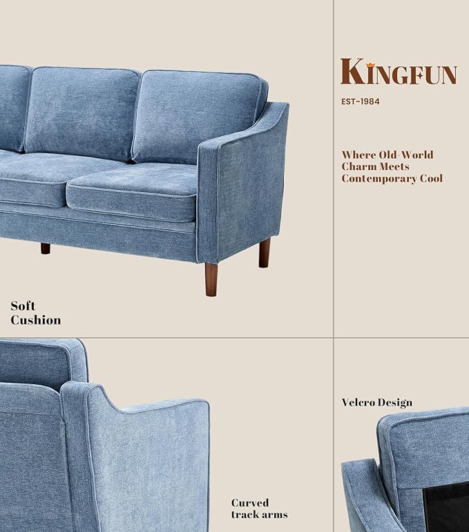 Kingfun 80" Chenille Sofa, 3 Seater Couch, Mid Century Modern Couches with Solid Wood Legs for Living Room & Bedroom, Light Blue