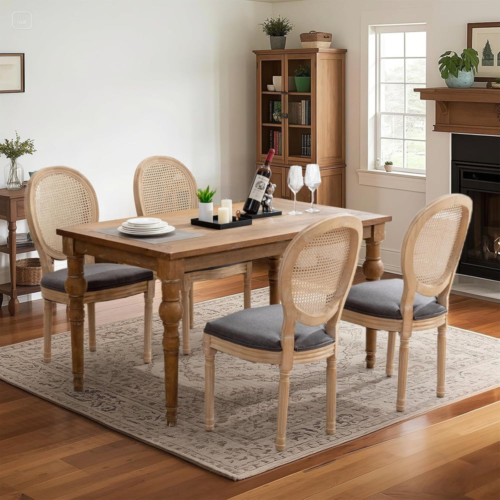 French Country Rattan Dining Chairs Set of 4,Round Back Kitchen Chair,Grey