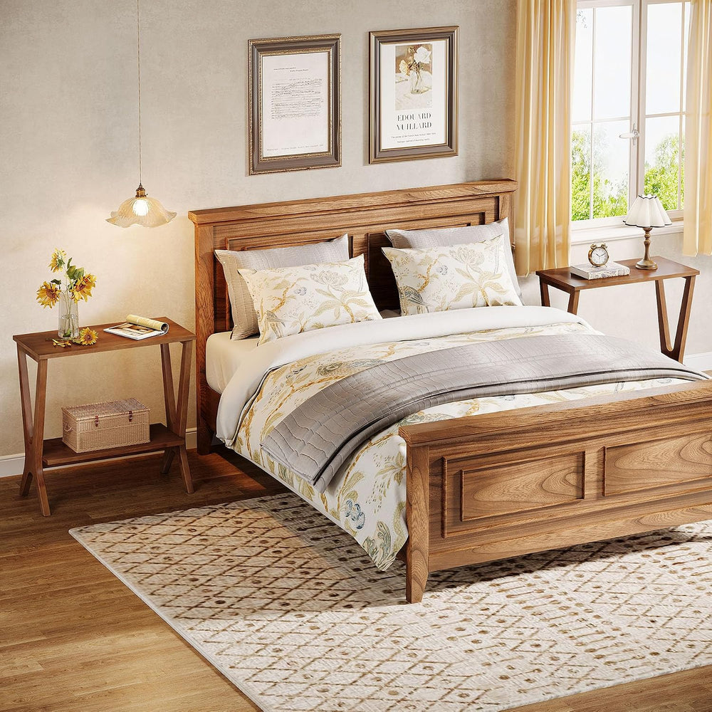 Solid Wood End Table for Living Room, 2-Tier Storage Shelves Sofa Couch Side ...