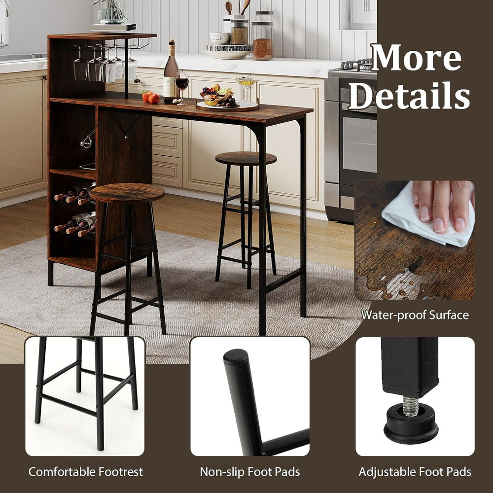 GOFLAME Bar Table Set for 2, Counter Height Dining Table Set with Shelves, Cu...