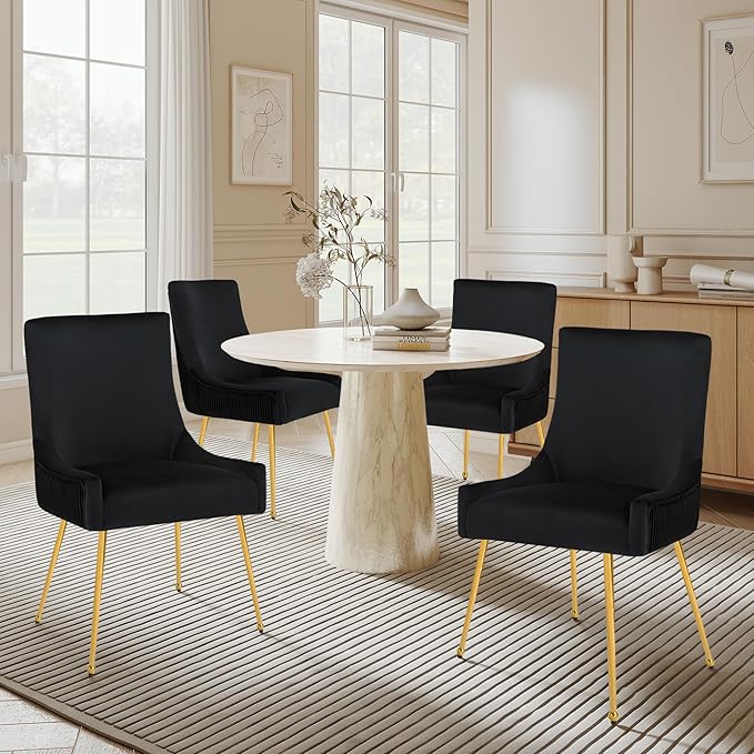 Velvet Dining Chairs Set of 6, Modern Upholstered Kitchen Chair with Pull Handle & Pleated Back, Mid Century Accent Chair with Gold Metal Legs for Vanity,Dining,Kitchen,Living Room, Black