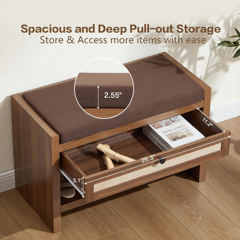 VipDesk Rattan Shoe Bench with Storage Drawer and Cushion Seat, Walnut Wood E...