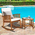 Tangkula Acacia Wood Patio Bistro Set, Outdoor Rocking Chair with Table, Porch Rocker with Thick Cushion of Detachable Cover, Porch Rocking Chair Table Set for Outdoor Indoor Patio Backyard, Teak