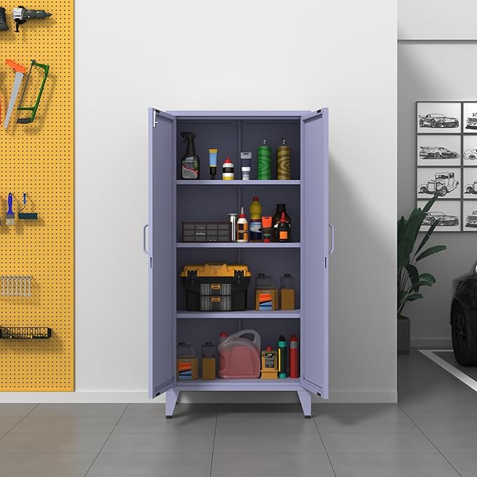 Heavy Duty 61" Lockable Pantry Cabinet, 2-Door 4-Tier Storage Cabinet with 3 Adjustable Shelves, Purple Metal Kitchen Cabinet for Kitchen, Living Room, School Tool Storage, 61"H X 27.6"W X 13.8"D
