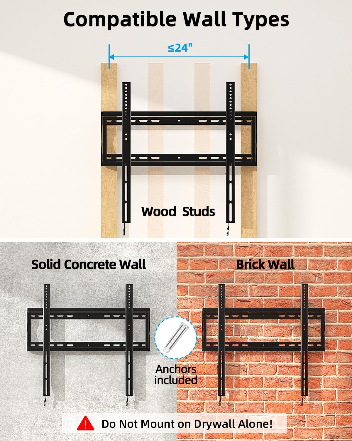 HOME VISION Heavy Duty TV Wall Mount for 42–100" TVs, Fits TCL & Samsung 98" TVs, 2mm One-Piece Solid Steel, Holds 220 lbs, Max VESA 600×600mm, Fits 16/18/24" Studs, Ultra Slim Fixed TV Mount, HV8602