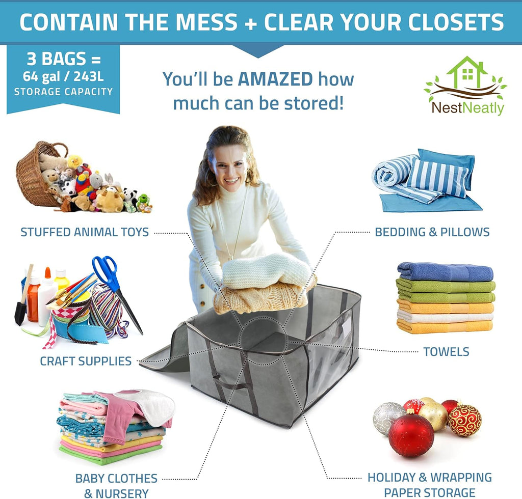 NestNeatly Large Capacity Clothes Storage Bag Organizer with Reinforced Handle for Comforters, Blankets, Bedding, Foldable with Sturdy Zipper, Clear Window, 3 Pack, Gray