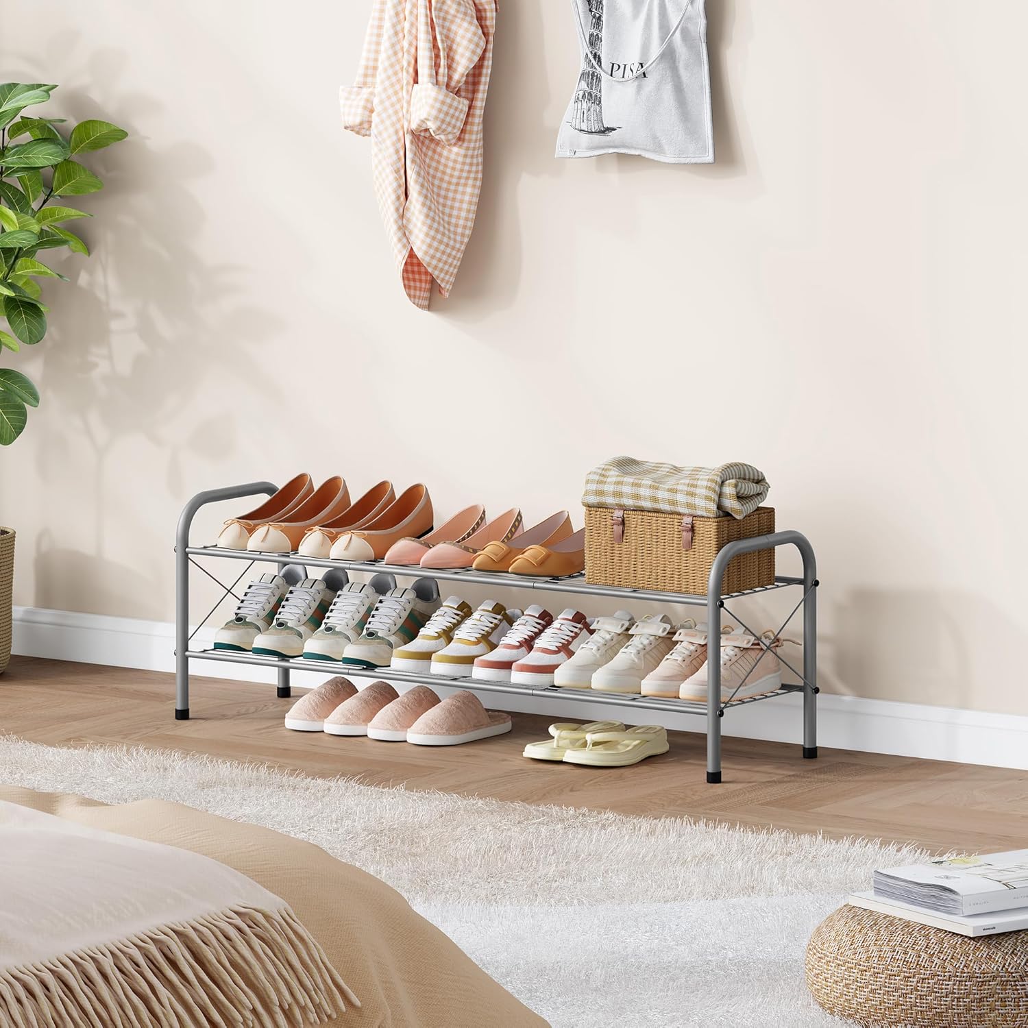 Hoctieon 2 Tier Shoe Rack for Closet, Durable Mesh Style Shoe Rack, Entryway Shoe Shelf, Shoe Storage Organizer for Hallway, Bedroom, Living Room, Wardrobe, Grey