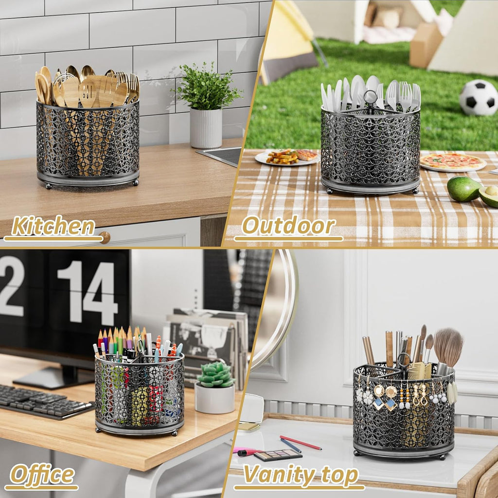 OVICAR 360° Rotating Utensil Holder Caddy - Fast-Drying Silverware Flatware Organizer - 4 Compartment Large Cutlery Holder with Handle For Kitchen Countertop Party Office Picnic Table Black