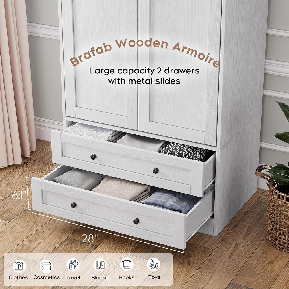 Brafab 2 Doors Wooden Armoire Wardrobe Closet with 2 Drawers, White | 2 Moder...