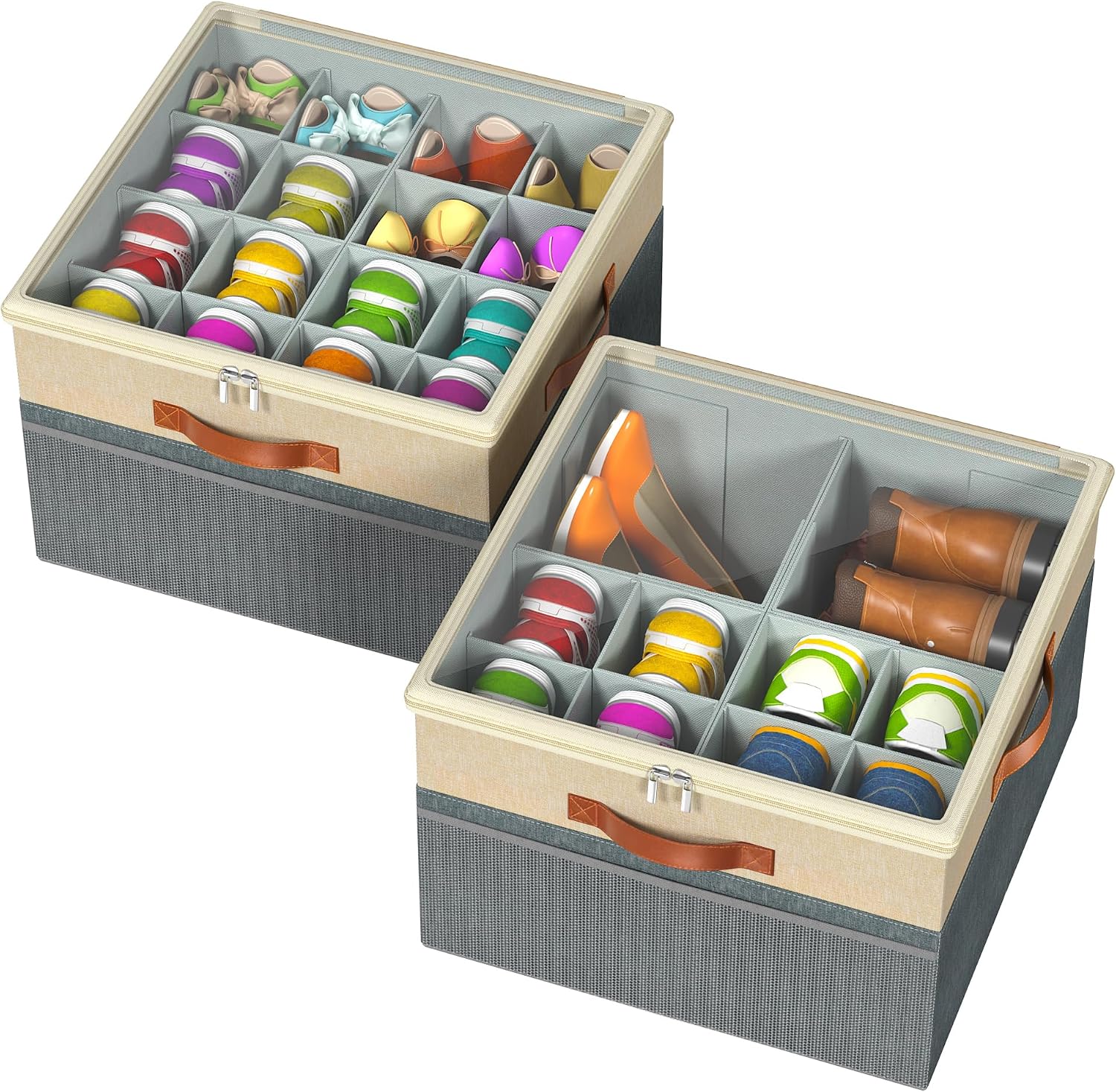 Shoe Organizer for Closet, 2 Pack Foldable Shoe Storage Organizer Box Bin with Adjustable Dividers and Clear Cover, Fits up to 16-32 Pairs（Grey&Beige）