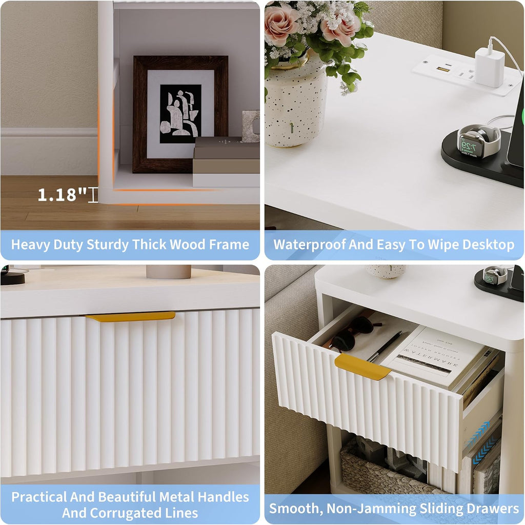 Fluted Nightstand with Charging Station, Bedside Table with Drawers and Open Storage Space, Metal Handles and Rounded Corners for Safety, Mid Century Modern End Table, for Bedroom, Living Room Sofa