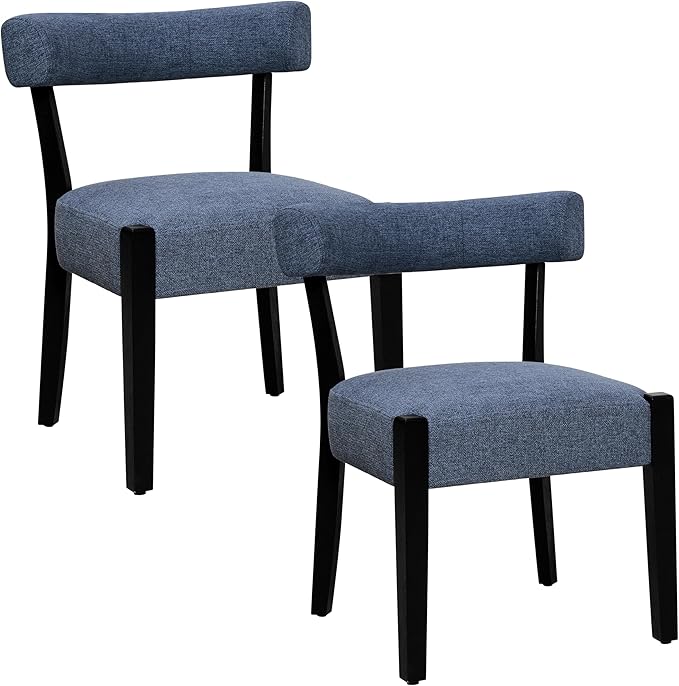 Modern Dining Chairs Set of 2, Upholstered Kitchen & Dining Room Chairs, Mid Century Modern Wooden Dining Chairs Oversized Sturdy Fabric Rounded Chairs Curved Back, Blue
