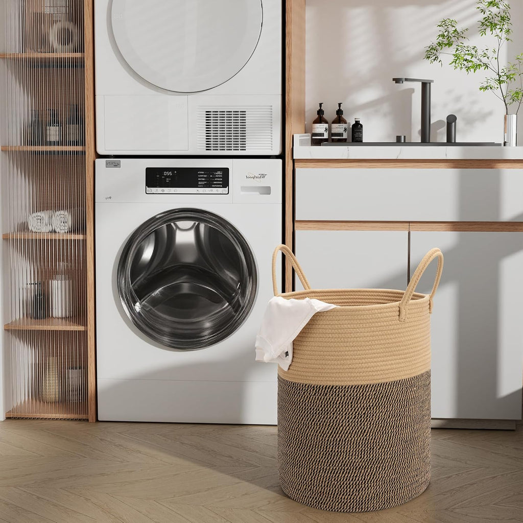 58L Cotton Rope Laundry Basket (20"x15"),Woven Basket for Storage Dirty Clothes Basket for Laundry, Living Room, Nursery, Bedroom Rope Storage Basket for Blankets（Brown/Stitches）