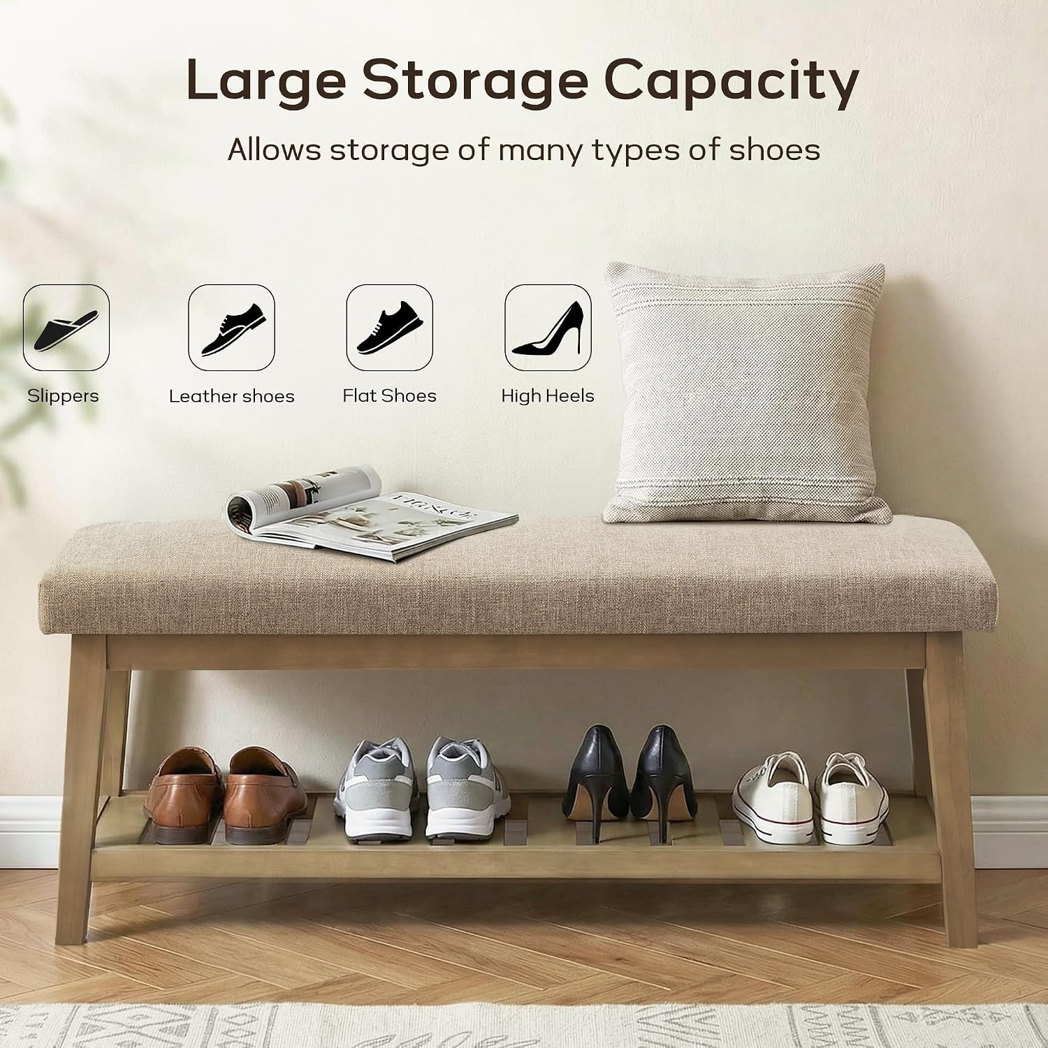Entryway Bench with Cushion, Upholstered Shoe Rack Bench with Solid Wood Shelf, 44" End of Bed Bench for Bedroom, Chenille Fabric Storage Bench for Entryway, Hallway, Living Room (Brown)