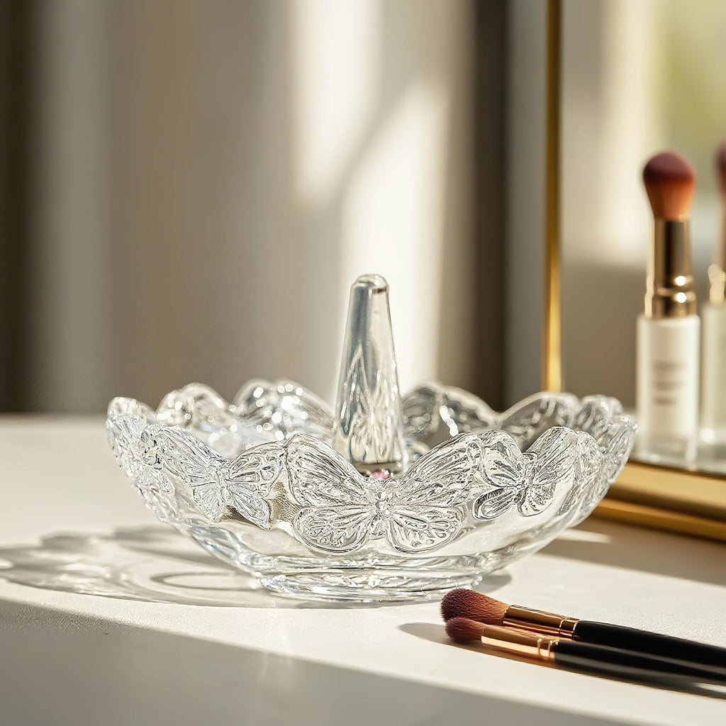 4" Crystal Ring Holder Dish, Glass Jewelry Tray, Decorative Trinket Tray | Vanity Jewelry Organizer for Rings Earrings Keys, Packaged Gift Box for Birthday Wedding Mother's Day Women Gifts