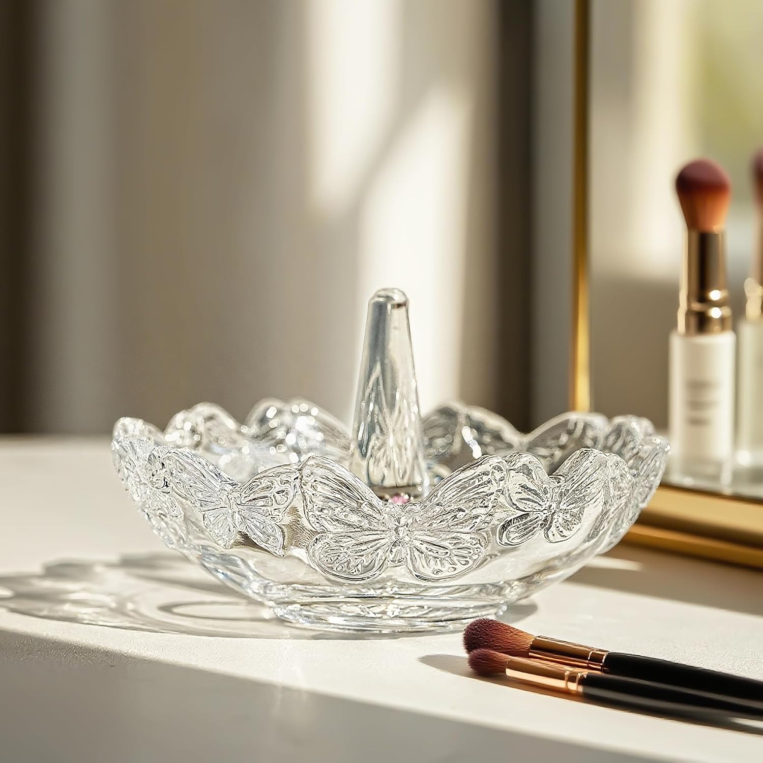 4" Crystal Ring Holder Dish, Glass Jewelry Tray, Decorative Trinket Tray | Vanity Jewelry Organizer for Rings Earrings Keys, Packaged Gift Box for Birthday Wedding Mother's Day Women Gifts
