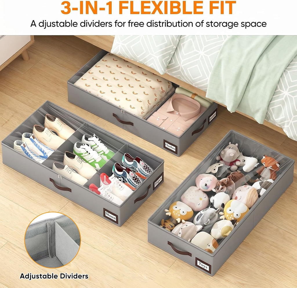 OIAHOMY 2 Pack 53L Under Bed Storage with Adjustable Dividers, 6" Low Profile Underbed Storage Bins for Comforters & Clothes, Save Closet Space with Clear View Lid & Reinforced Handles, Grey