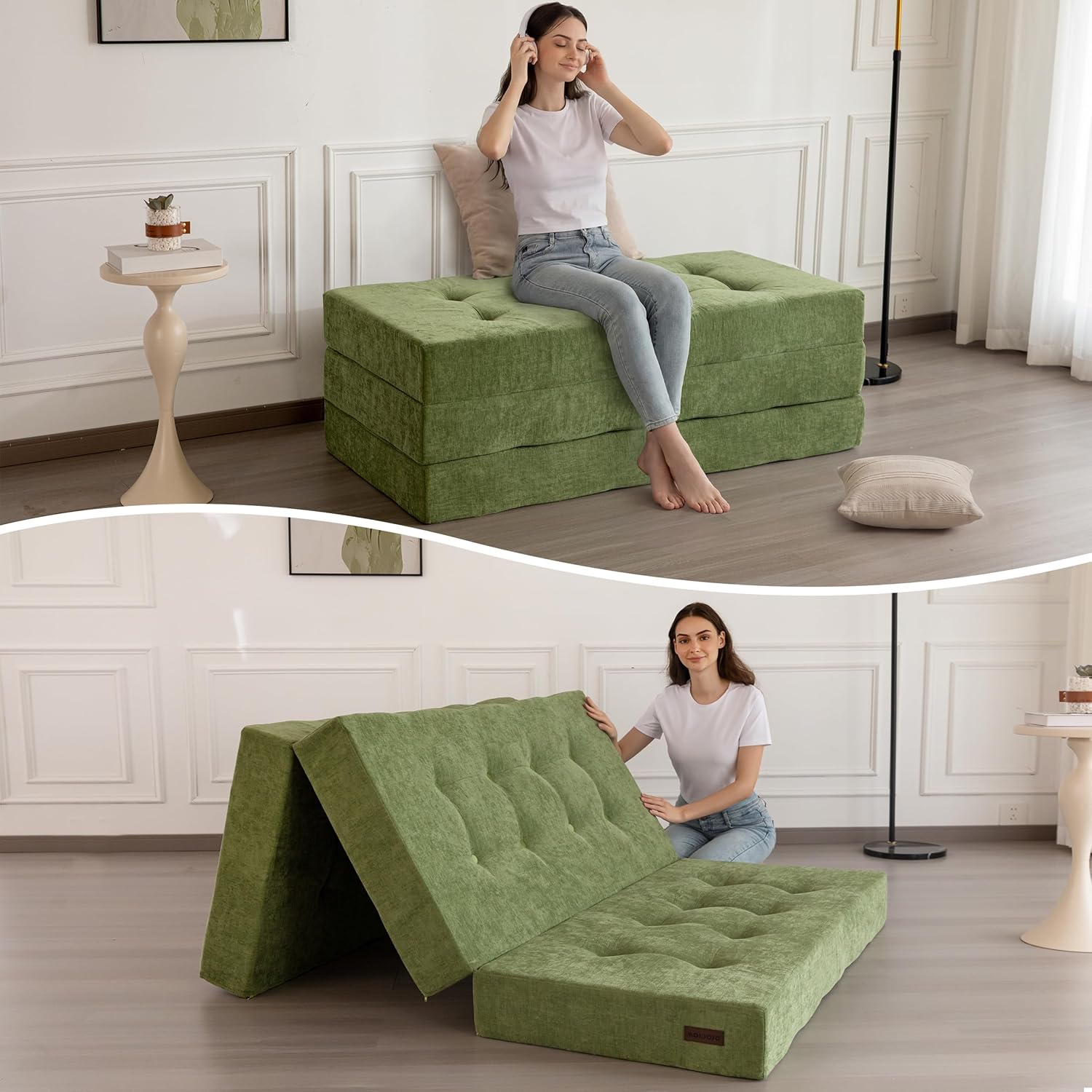 MAXYOYO 6" Folding Sofa Bed for Floor, Tufted Tri-Fold Floor Mattress | Twin Size Portable Sofa Couch Guest Mat with Chenille Fabric for Adults, Foldable Topper for Camping, Green, Twin