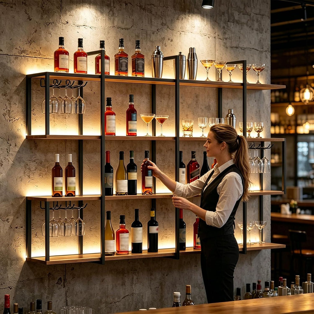 4-Tier Wall Mounted Wine Rack with LED Light, Glass Holder (120cm/47.3in) | 2...
