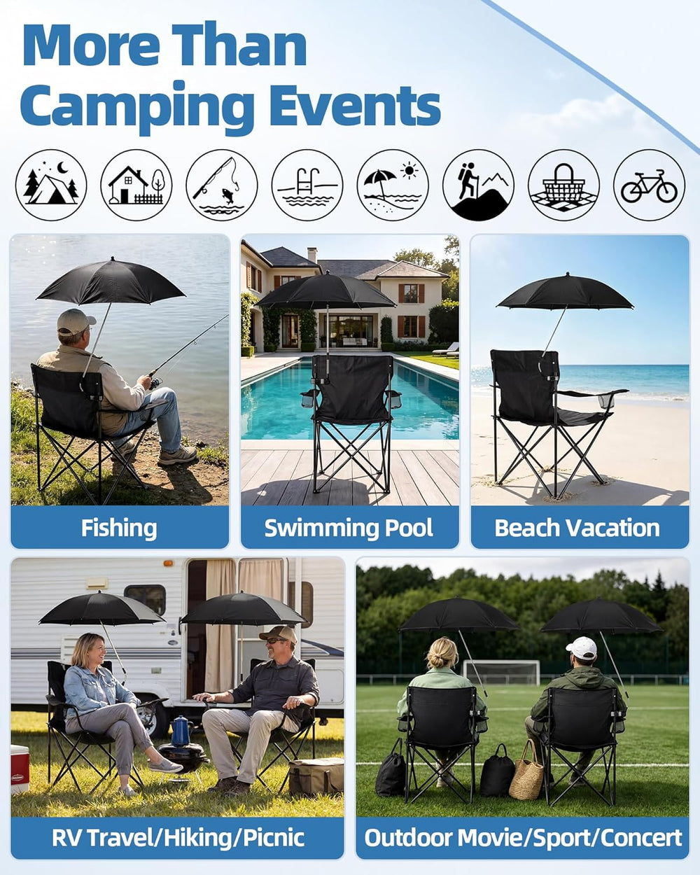 2PCS Camping Chairs with Detachable Umbrella, HaSteeL Folding Beach Chair for...