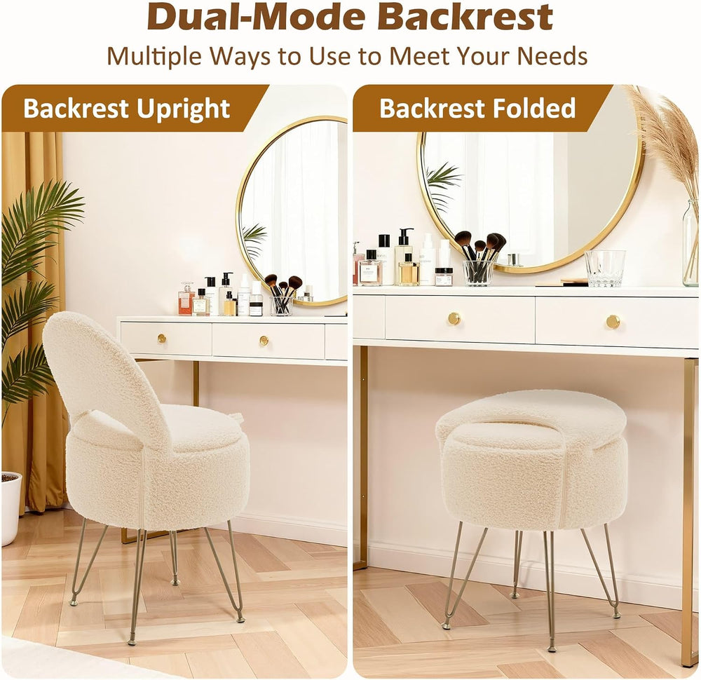 Korser Vanity Stool Chair with Storage and Folding Back, 13"x13"x27...