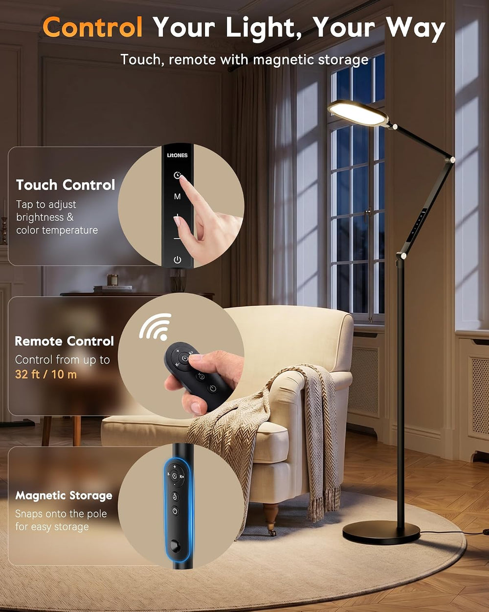 LitONES Eye-Care LED Floor Lamps, Remote, 69" Standing Read Lamp, 30 Modes