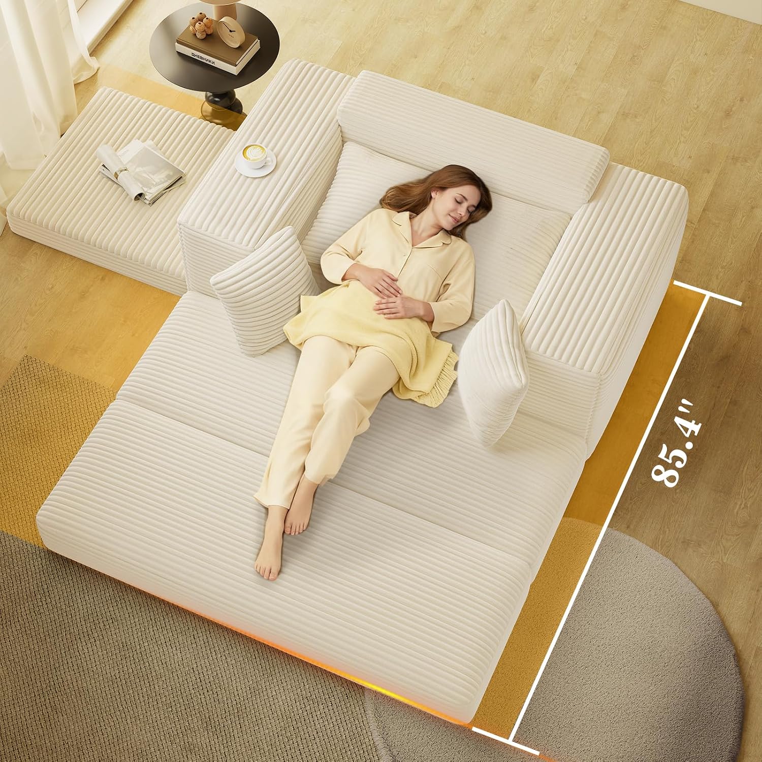 Gericco 52" Boneless Chaise Lounge Chair Indoor — Oversized Cloud-Like Cozy Comfy Modular 3-in-1 Sofa Bed for Reading, Living Room & Bedroom Corduroy Couch Sleeper, Beige