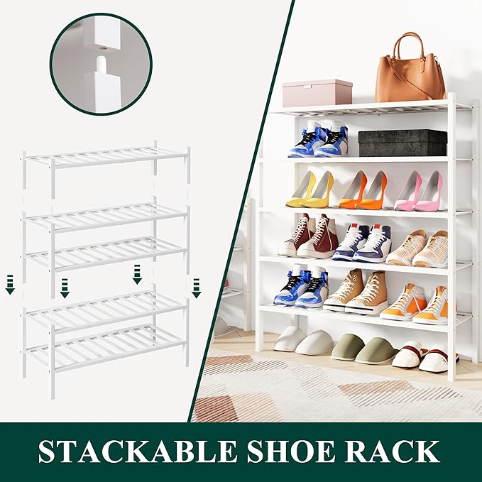 Smiry Shoe Rack, 6 Tier Bamboo Shoe Organizer, Stackable Free Standing Wooden Shoe Storage Shelf for Closet, Entryway, Front Door Entrance, White