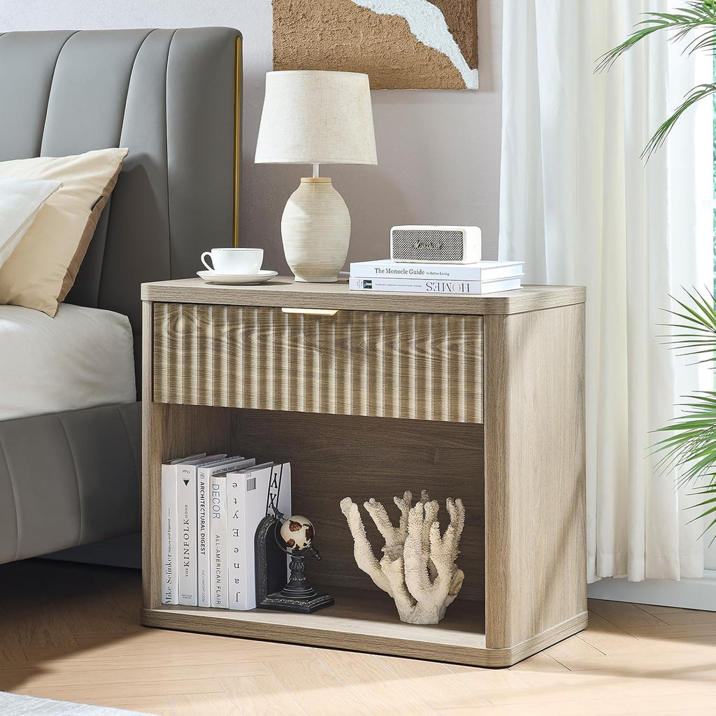 LEYAOYAO 31" Wide Fluted Nightstand Set of 2 with Charging Station, Oversized Extra Large 1 Drawer Night Stand with Golden Handle, Grey Wood Bedside Table Tall End Tables,for Bedroom, Living Room