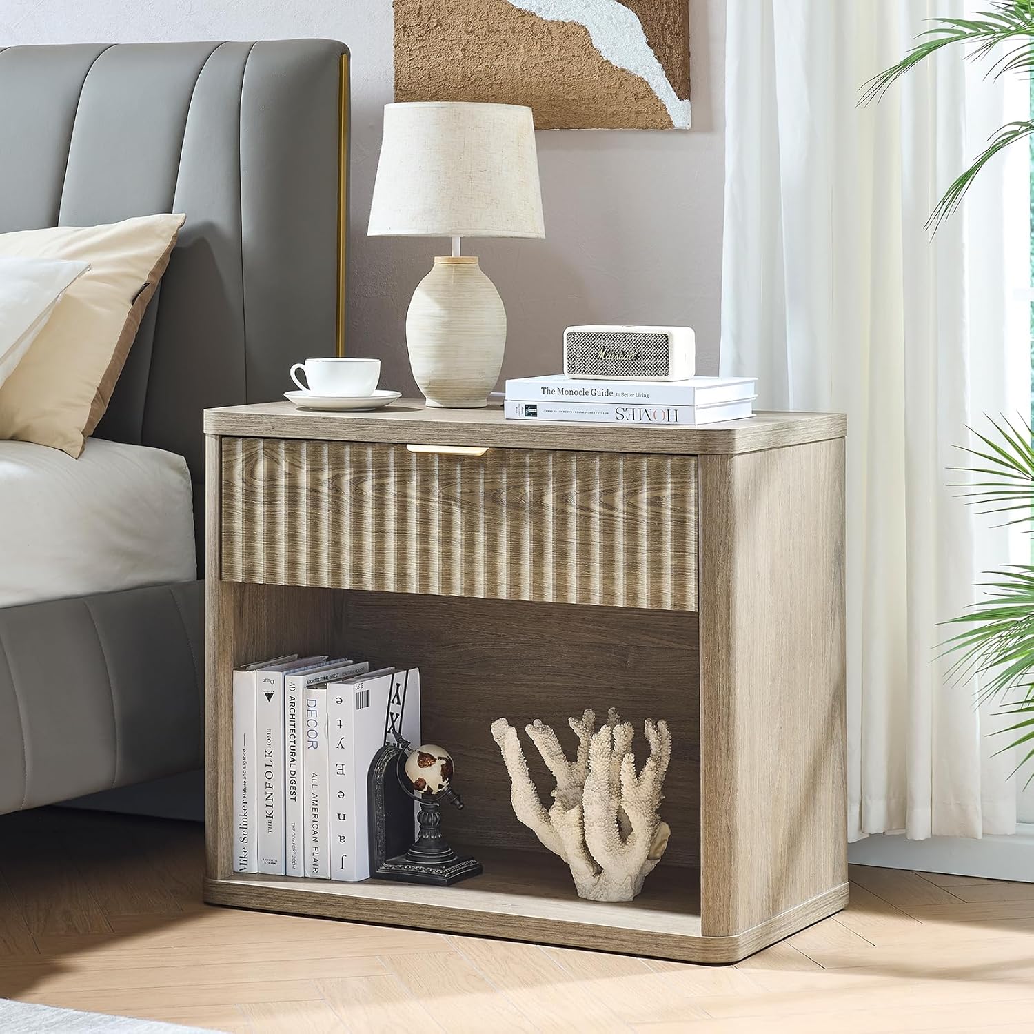 LEYAOYAO 31" Wide Fluted Nightstand Set of 2 with Charging Station, Oversized Extra Large 1 Drawer Night Stand with Golden Handle, Grey Wood Bedside Table Tall End Tables,for Bedroom, Living Room