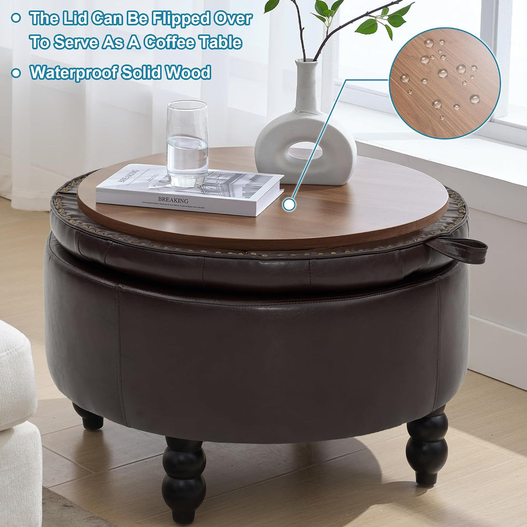 30 Inch Round Ottoman with Storage, Tufted PU Leather Storage Bench for Bedroom, Living Room & Entryway, Modern Upholstered Coffee Table with Wooden Black Legs, Light Brown(PU)