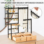 DreamGenius Jewelry Organizer Stand with 2 Velvet Ring Holder Drawers, 5 Tier Jewelry Holder Organizer with 11 Hooks for Necklaces and 145 Holes for Earrings, Black