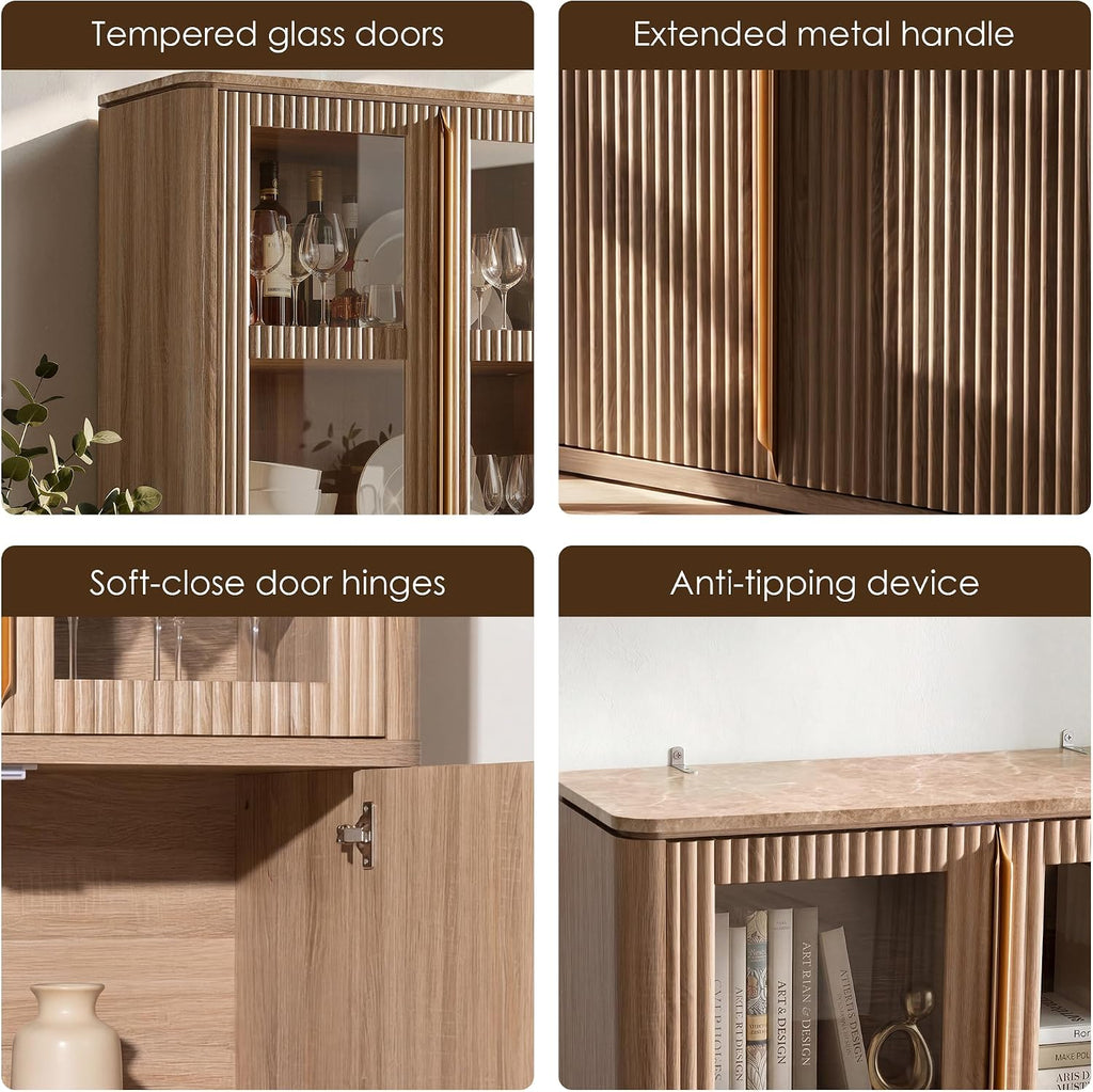 77" Tall Pantry Cabinets with Glass Doors, Fluted Storage Cabinet, Oak 2pcs | Wooden Kitchen Food Cupboard, Adjustable Shelves, Modern Display Storage Closet for Living Room, Dining Room, Office