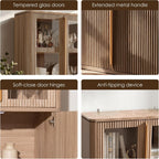 77" Tall Pantry Cabinets with Glass Doors, Fluted Storage Cabinet, Oak 2pcs | Wooden Kitchen Food Cupboard, Adjustable Shelves, Modern Display Storage Closet for Living Room, Dining Room, Office
