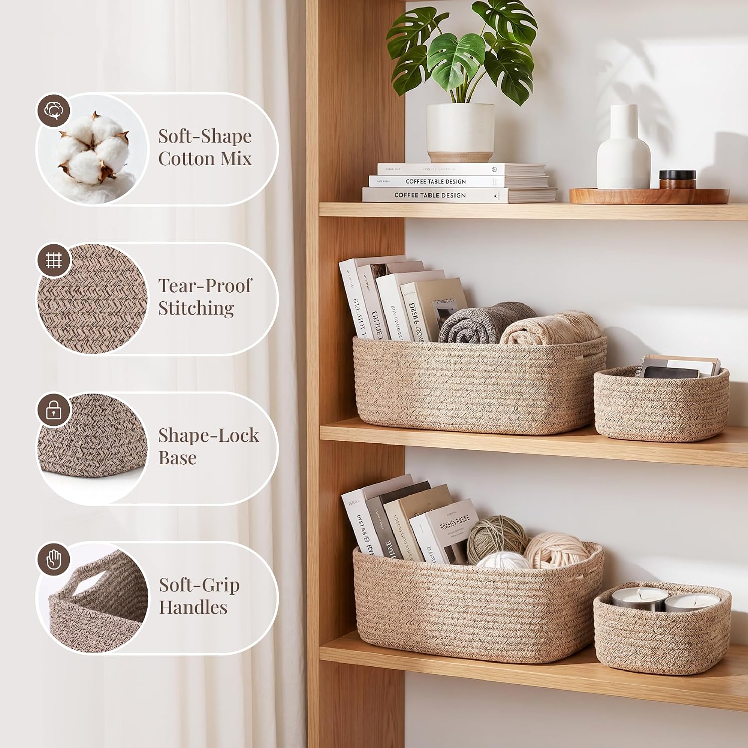 5-Pack Large Woven Rope Storage Baskets, 2 Sizes Organizer Bins | Fabric Cube Boxes and Rectangular Shallow Bins for Closet, Shelf, Bookshelf, Nursery, Changing Table, Bathroom, Toys & Home