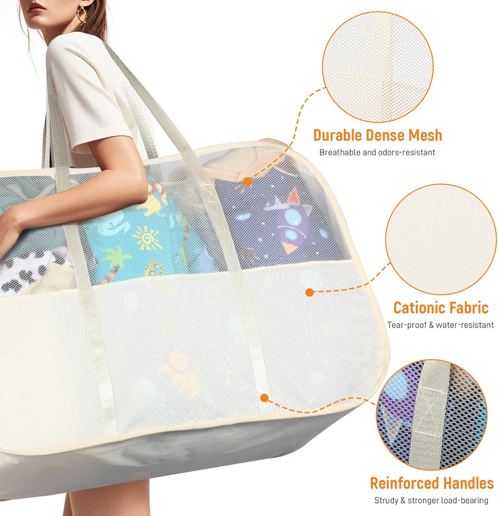 Collapsible Laundry Baskets with 3 Compartment, 150L Tear-proof Pop Up Hamper, Foldable Laundry Basket with Tote Handles, Dirty Clothes Hamper for Laundry, Bedroom, Bathroom, Dorm Beige