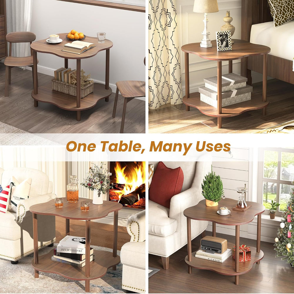 Wood End Side Table with Storage Shelf, 2-Tier Flower Shaped Coffee Table for...