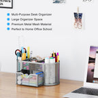EasyPAG Mesh Pen Holder Desk Organizer with Drawer Stationery Supplies Organizer for Dorm School 9 Compartments Workspace Desk Accessories Organization for Office, Silver